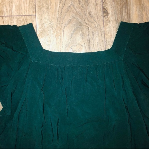 LOFT Dark Emerald Green Ruffle Sleeve Square Neck Embroidered Blouse Top Size S - Picture 7 of 11